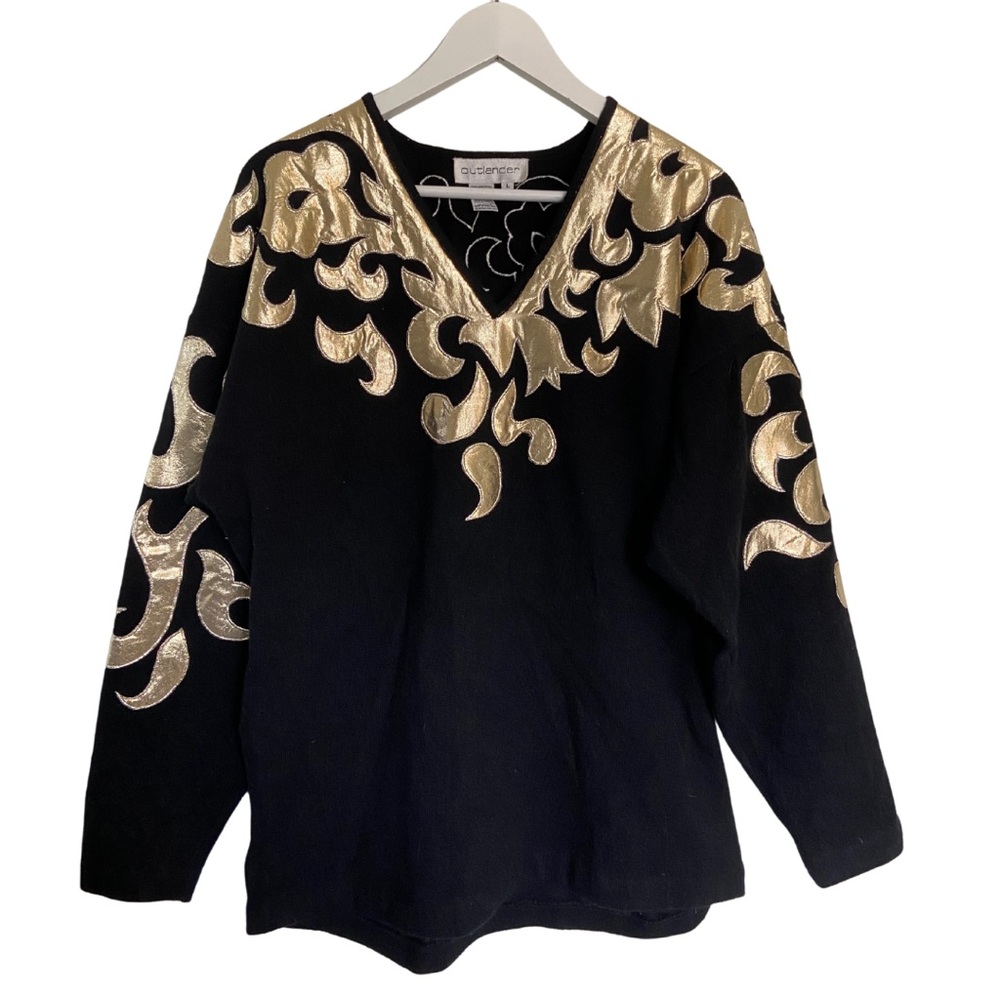 Vintage Outlander Lambswool Angora Rabbit Hair Black Gold Sweater V Neck L